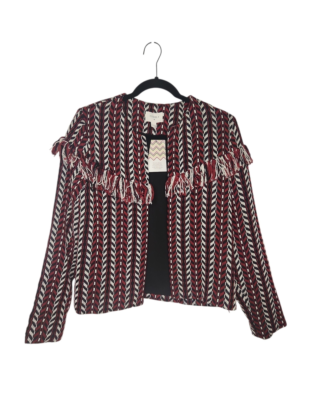 NWT Everly Red Black White Chevron Fringe Open Front Blazer/Jacket Size S